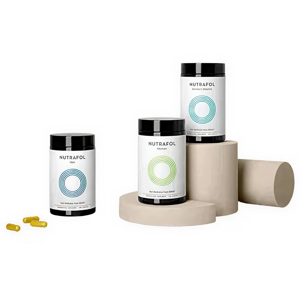 Nutrafol hair supplement bottles on cream podium.