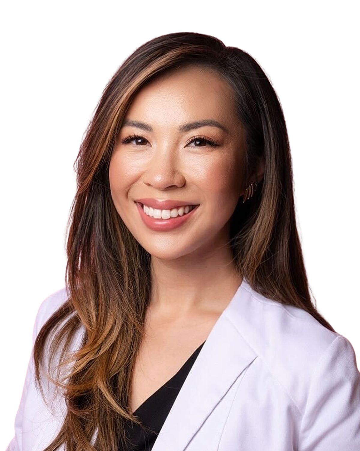 Smiling woman in a white lab coat.