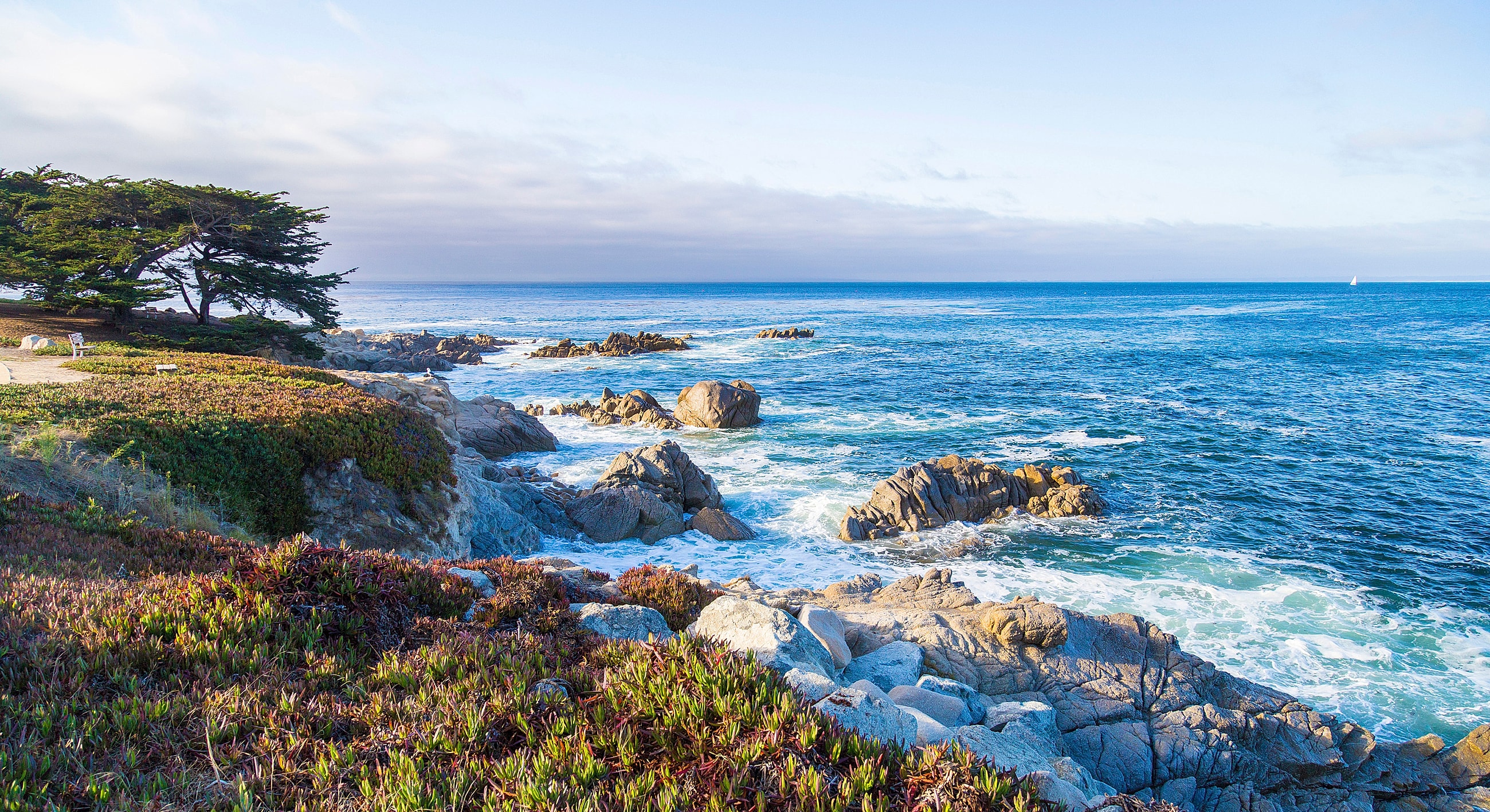 Coastal landscape with waves and rocky shoreline.