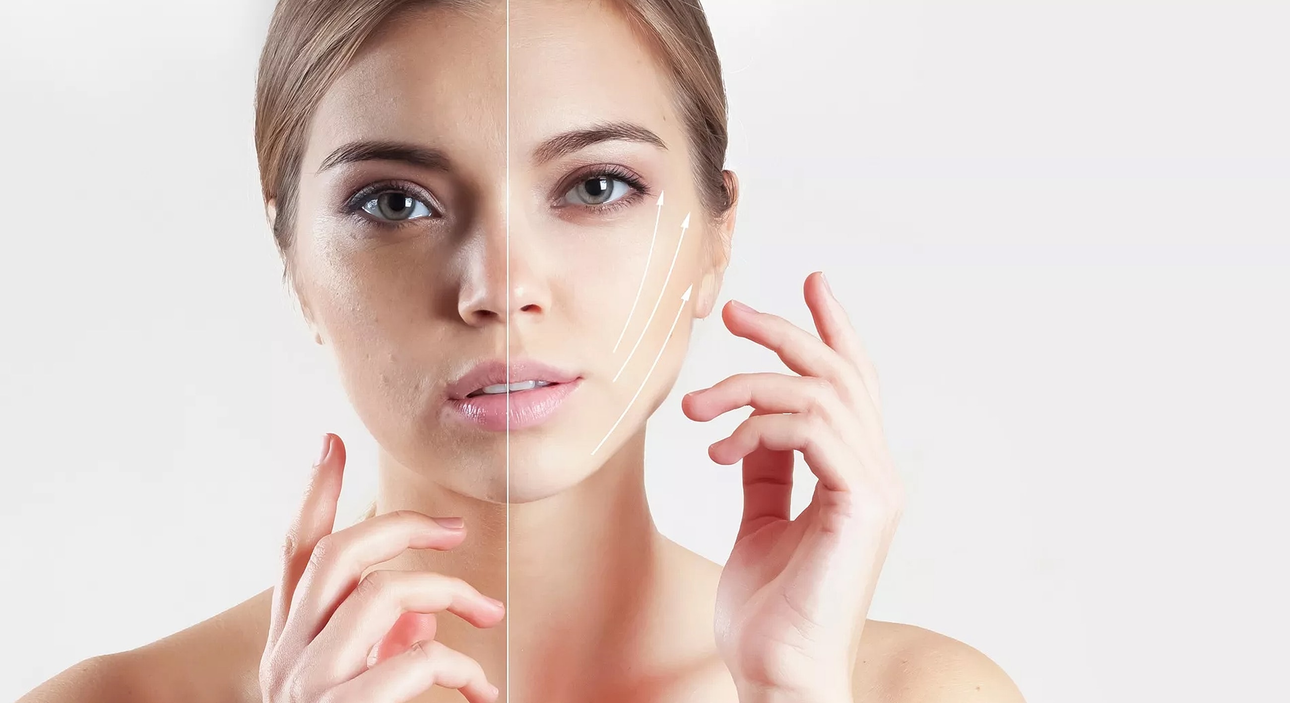 Woman demonstrating skincare techniques on her face.